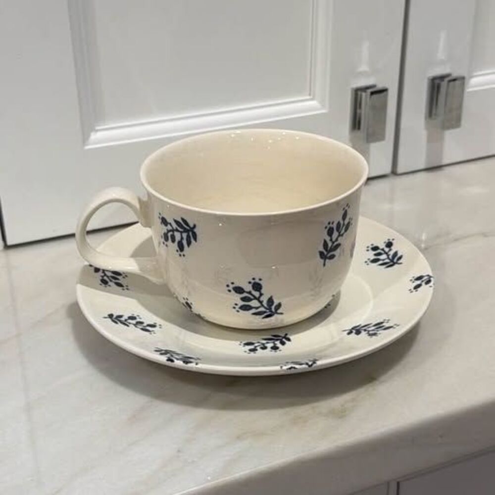 RARE Ralph Lauren KATE REVERSED Breakfast Cup & Saucer Set Blue Floral Denimware